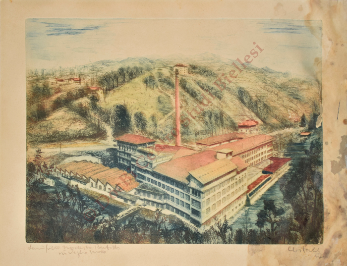 Incisione colorata raffigurante il Lanificio Modesto Bertotto di Veglio