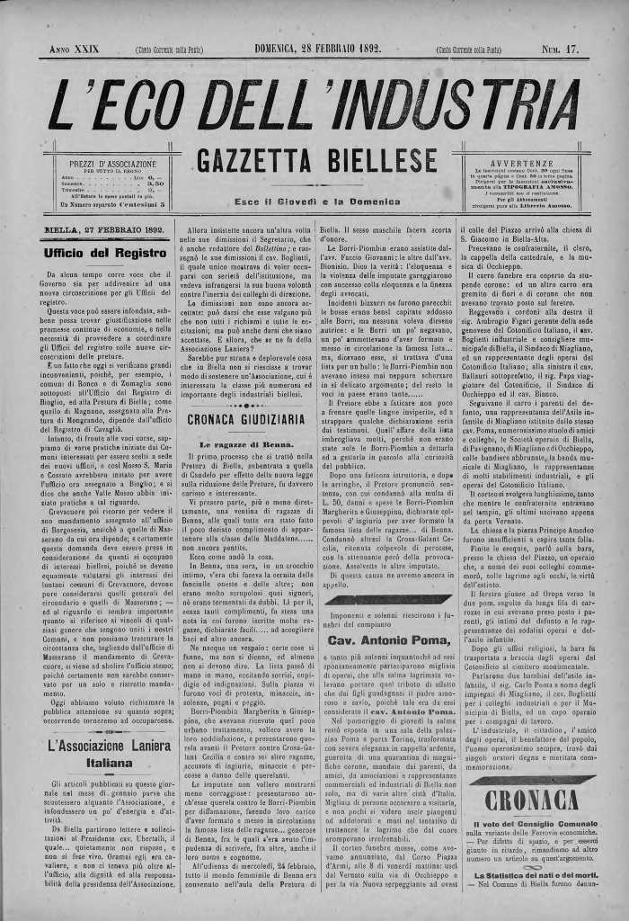 Il necrologio di Antonio Poma apparso su "L'Eco dell'Industria - Gazzetta Biellese" del 28 febbraio 1892