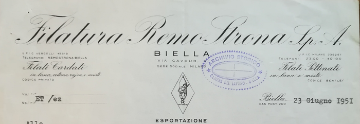 Carta intestata Filatura Remo Strona SpA