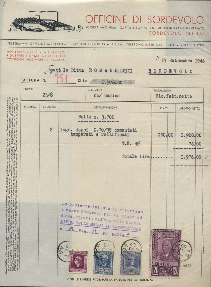Fattura Officine di Sordevolo