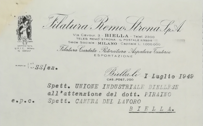 Carta intestata Filatura Remo Strona SpA