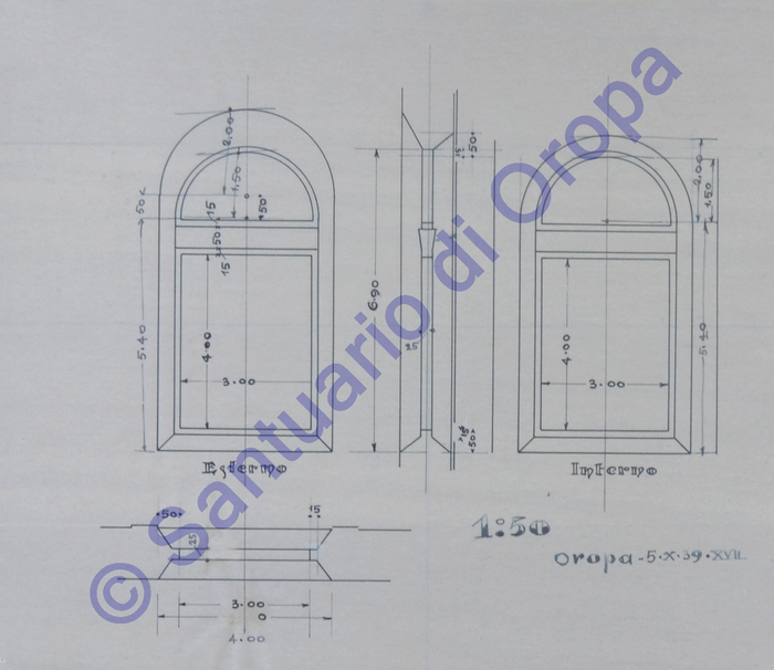 Chiesa Nuova: prospetti (esterno e interno) e sezione di una finestra