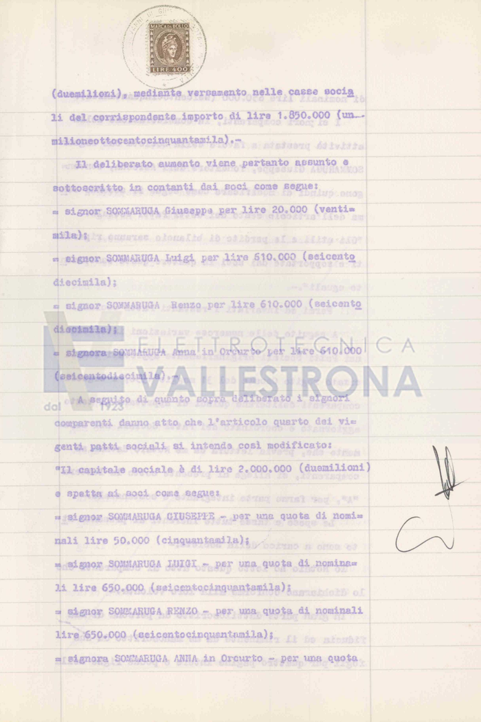 "Aumento di capitale da lire 150.000 a 2.000.000 nella società "Elettrotecnica Vallestrona di Sommaruga Giuseppe e Figli - Società in nome collettivo con sede in Vallemosso"
