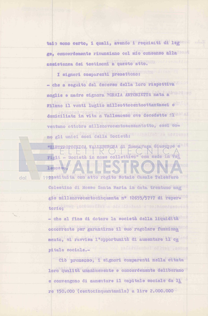 "Aumento di capitale da lire 150.000 a 2.000.000 nella società "Elettrotecnica Vallestrona di Sommaruga Giuseppe e Figli - Società in nome collettivo con sede in Vallemosso"