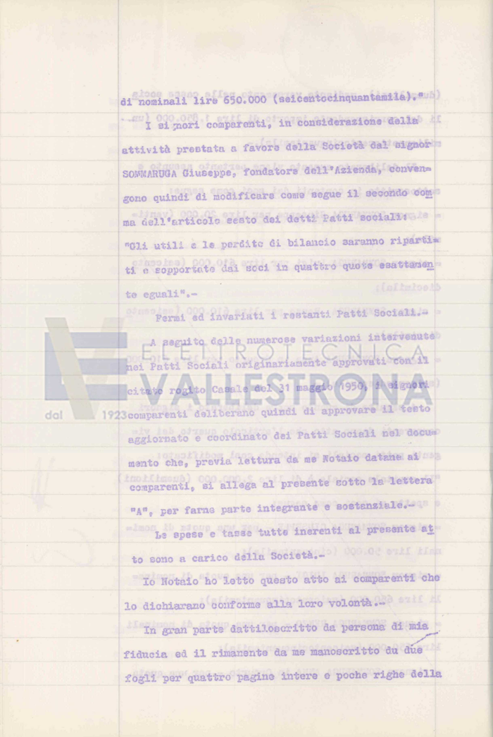 "Aumento di capitale da lire 150.000 a 2.000.000 nella società "Elettrotecnica Vallestrona di Sommaruga Giuseppe e Figli - Società in nome collettivo con sede in Vallemosso"