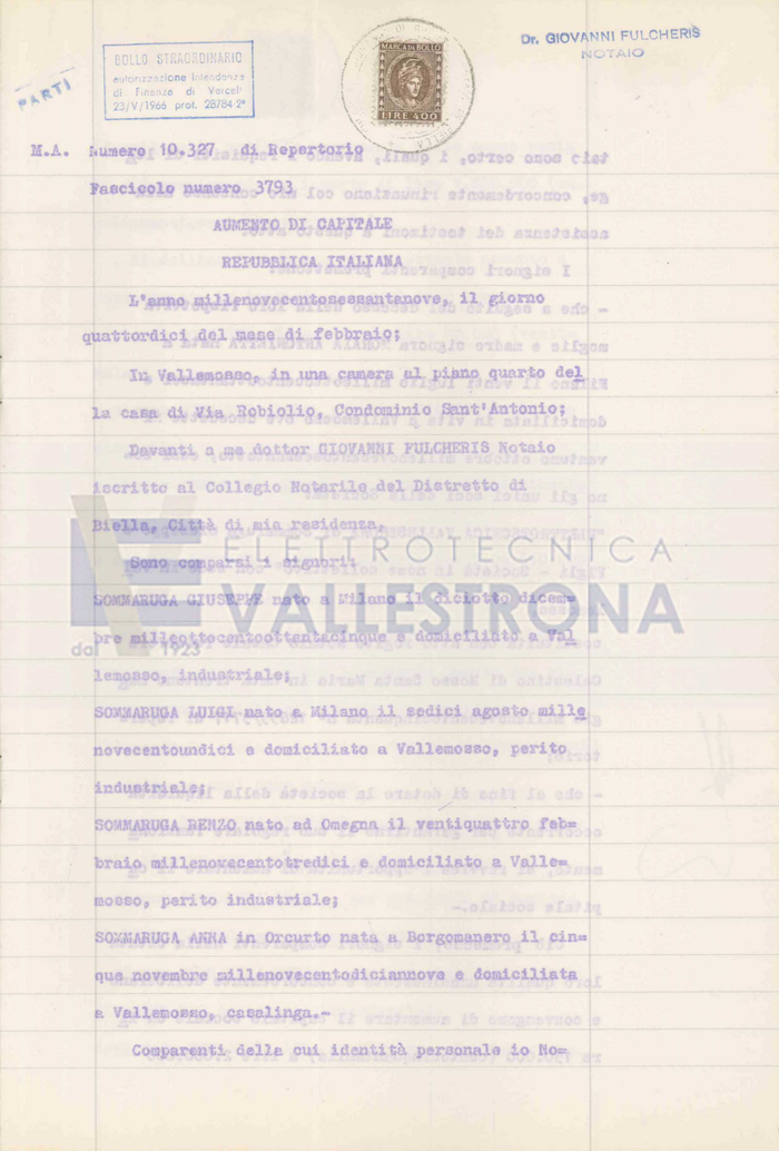 "Aumento di capitale da lire 150.000 a 2.000.000 nella società "Elettrotecnica Vallestrona di Sommaruga Giuseppe e Figli - Società in nome collettivo con sede in Vallemosso"