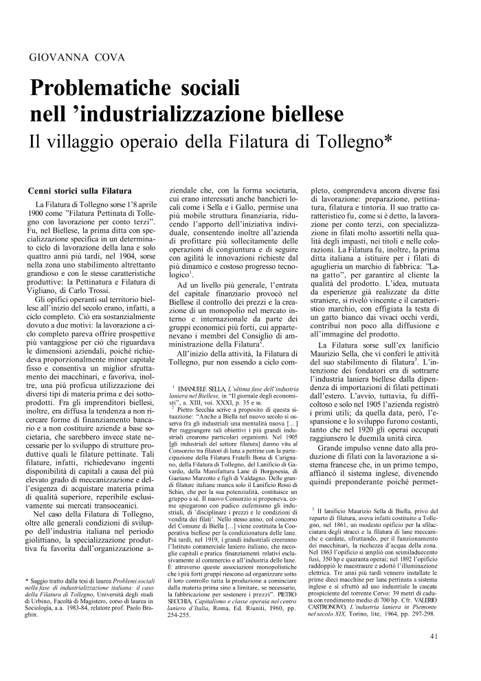 Problematiche sociali nell’industrializzazione biellese. Il villaggio operaio della Filatura di Tollegno