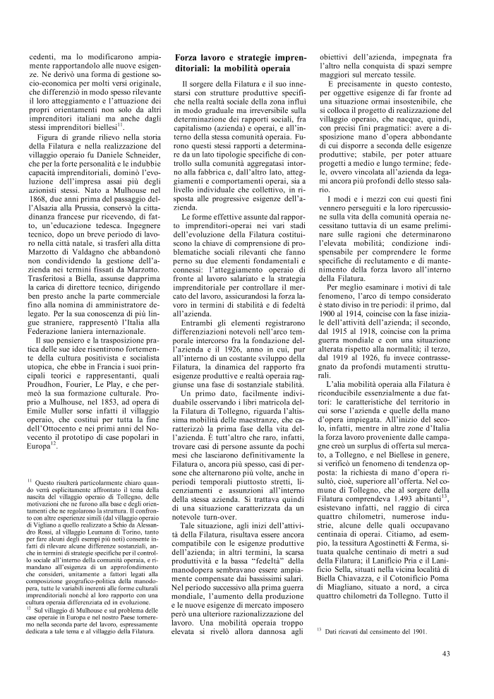 Problematiche sociali nell’industrializzazione biellese. Il villaggio operaio della Filatura di Tollegno