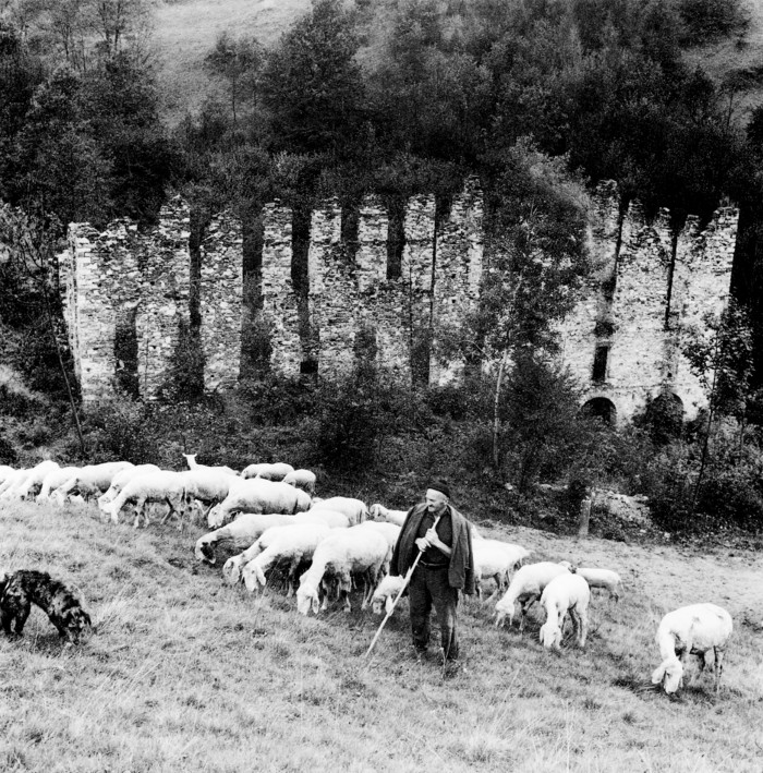 Pettinengo, il pastore Pietro Lanza davanti alla "Machina brusà", già Maglificio Serra, 1966
foto Alfonso Sella