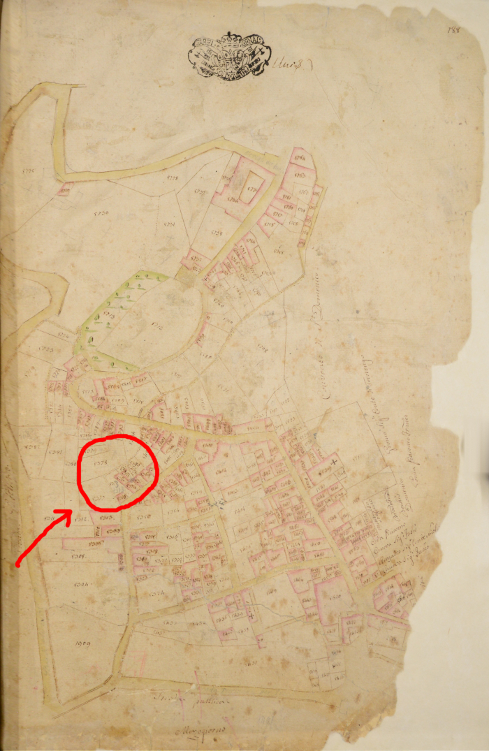 La zona in cui fu attiva la prima Conceria Varale come appariva nel "libro figurato" del catasto di Biella del 1782-1790.