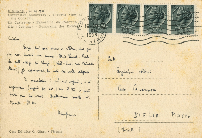 Cartolina di Gianfranco Contini a Guglielmo Alberti, Firenze,1954