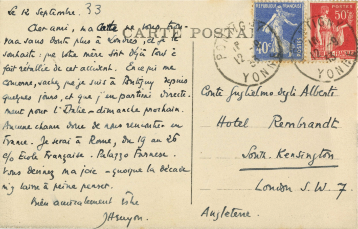 Cartolina di Jacques Heurgon a Guglielmo Alberti, Pontigny,1933