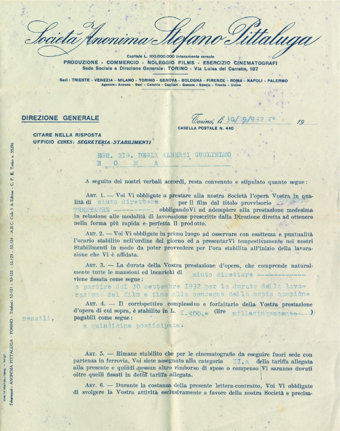 Contratto tra la Società Anonima Pittalunga e Guglielmo Alberti per il ruolo di aiuto regista nel film "Soggetto Trentatre", 1932